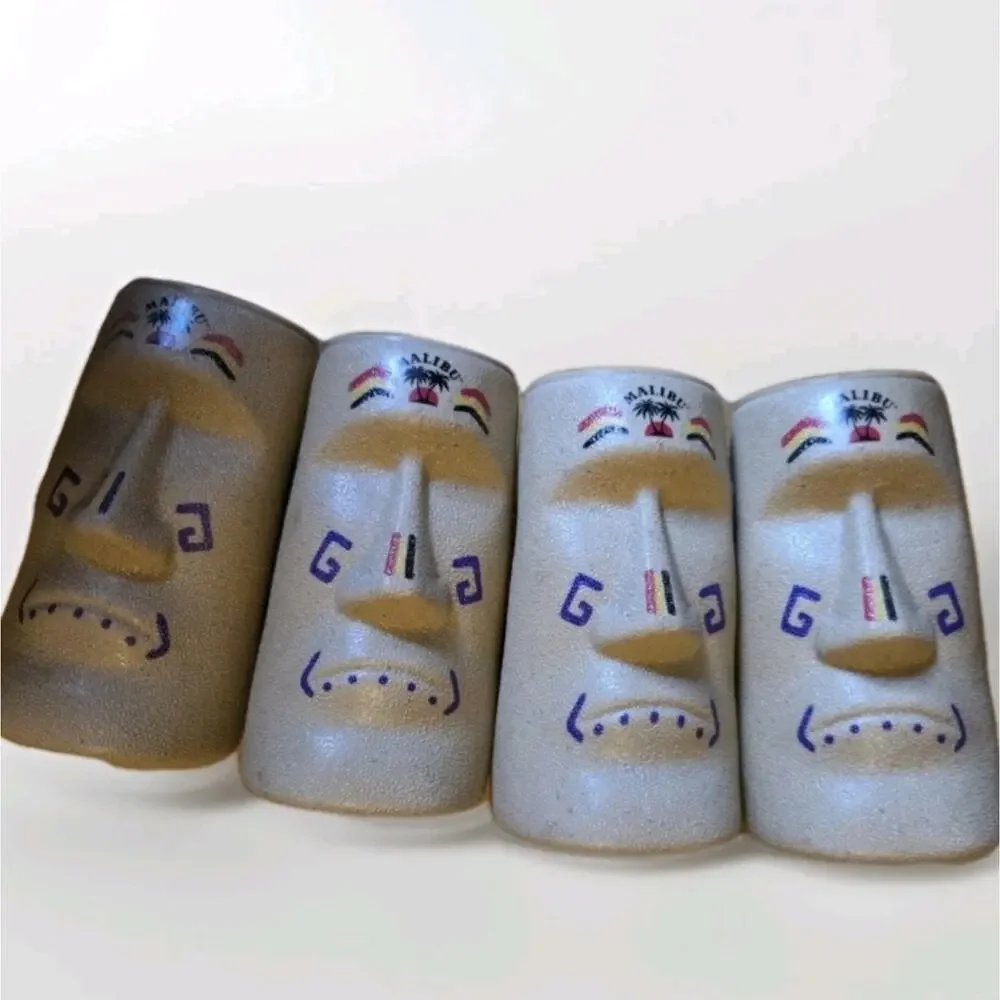 Malibu Rum Easter Island Moai Mug Tiki Caribbean Rare HTF Set of 4 Plastic